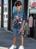 Striped Color Block Printed Boys' Summer Casual clothing