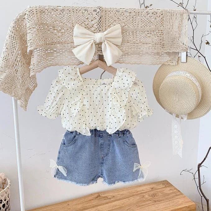 Summer New Girls Suit Cute Ruffled Shirt Top and Denim Shorts Two-piece Set