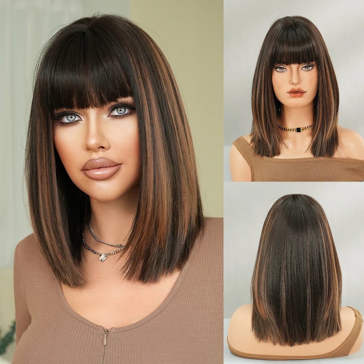 16 Inch Black Brown Shoulder Length Straight Synthetic Heat Resistant Adjustable Wig for Women Natural Hairline Matte Hair