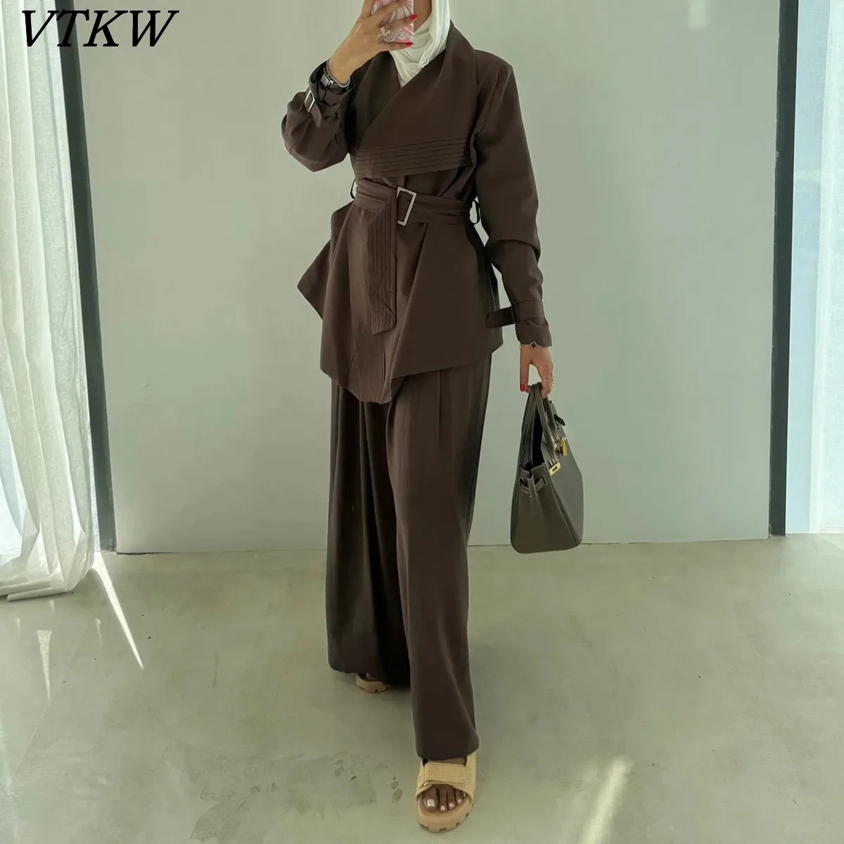 Solid Color Two-Piece Set Casual Lapel Blazer Belted High Waist Wide Leg Pants