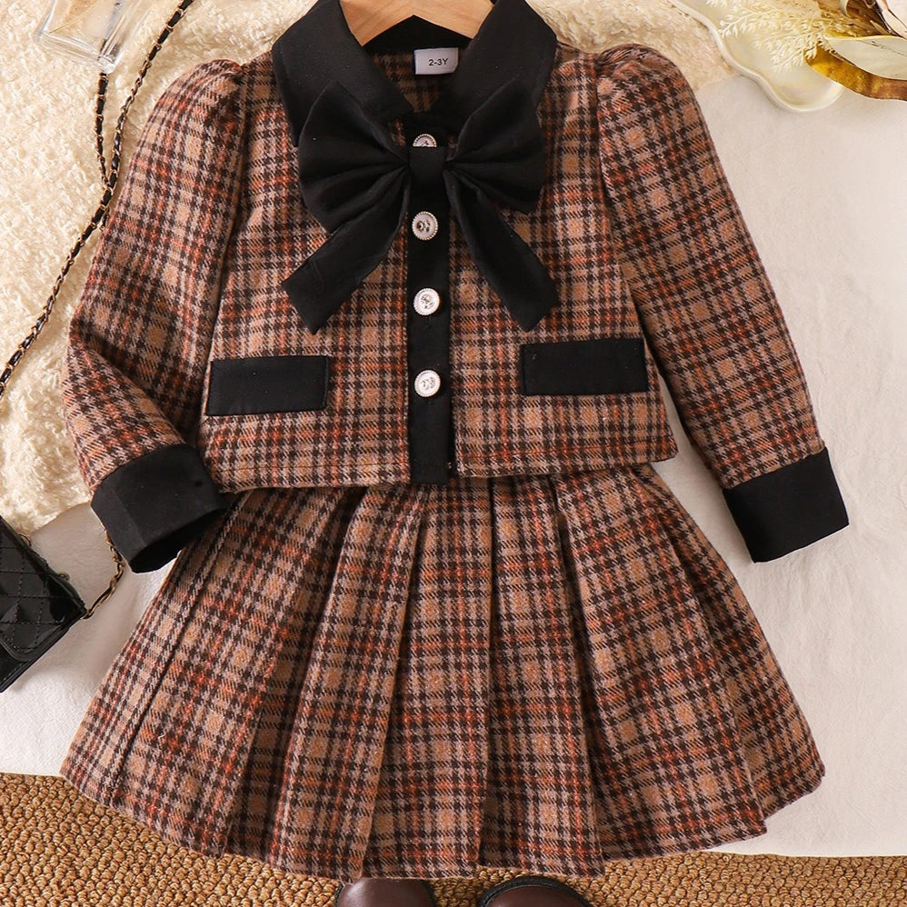 Girls Fashion Plaids Long Sleeve Coat Pleated Short Skirt Two Sets