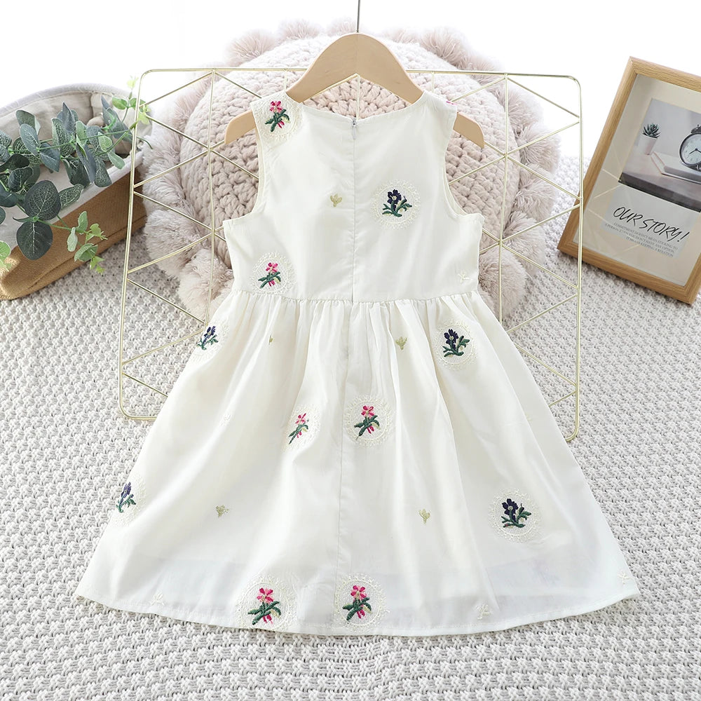 Casual Dress Girls' Clothing Refreshing Embroidered Vest Dress for 2-6Y