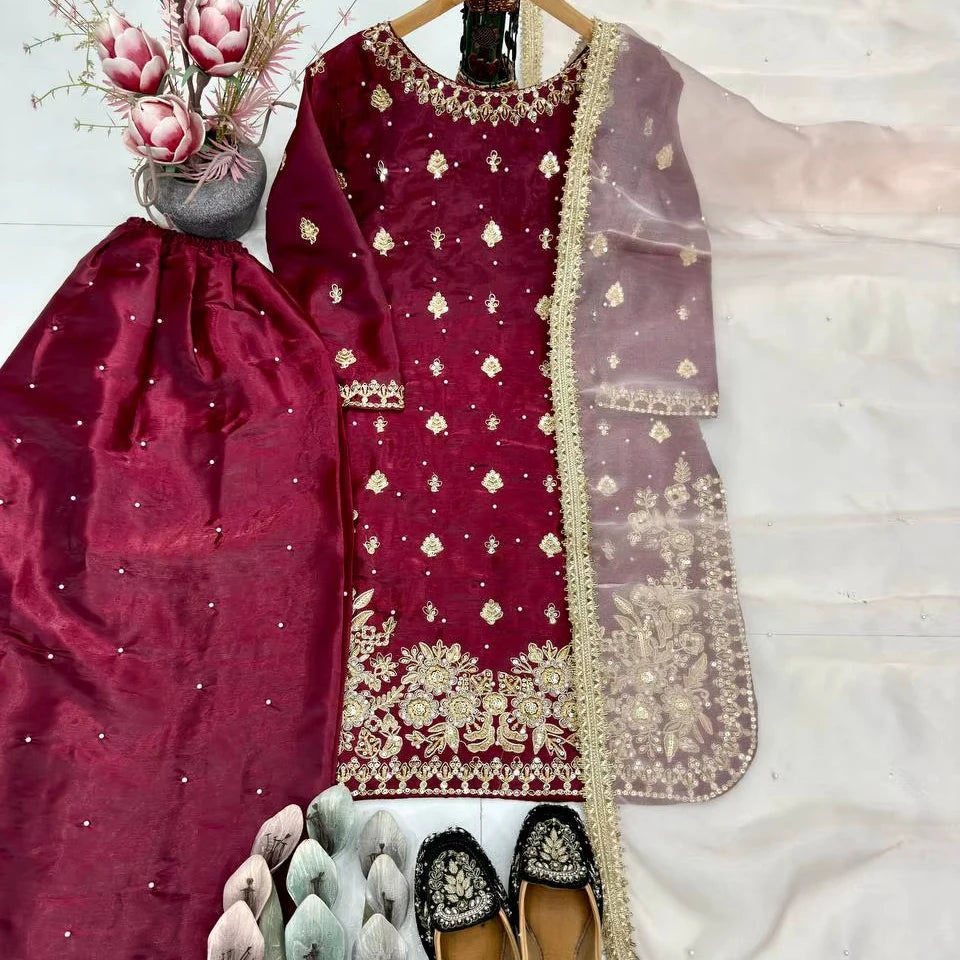 Women's Designer Party Wear Heavy Silk Top Sharara Duptta