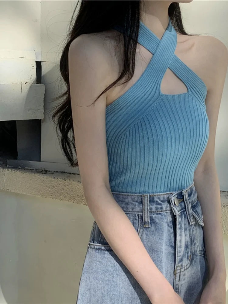 Shoulder Bared Black Tank Top Women's Inner Wear Outer Wear Cross Neck Strap Design Commute Style Summer