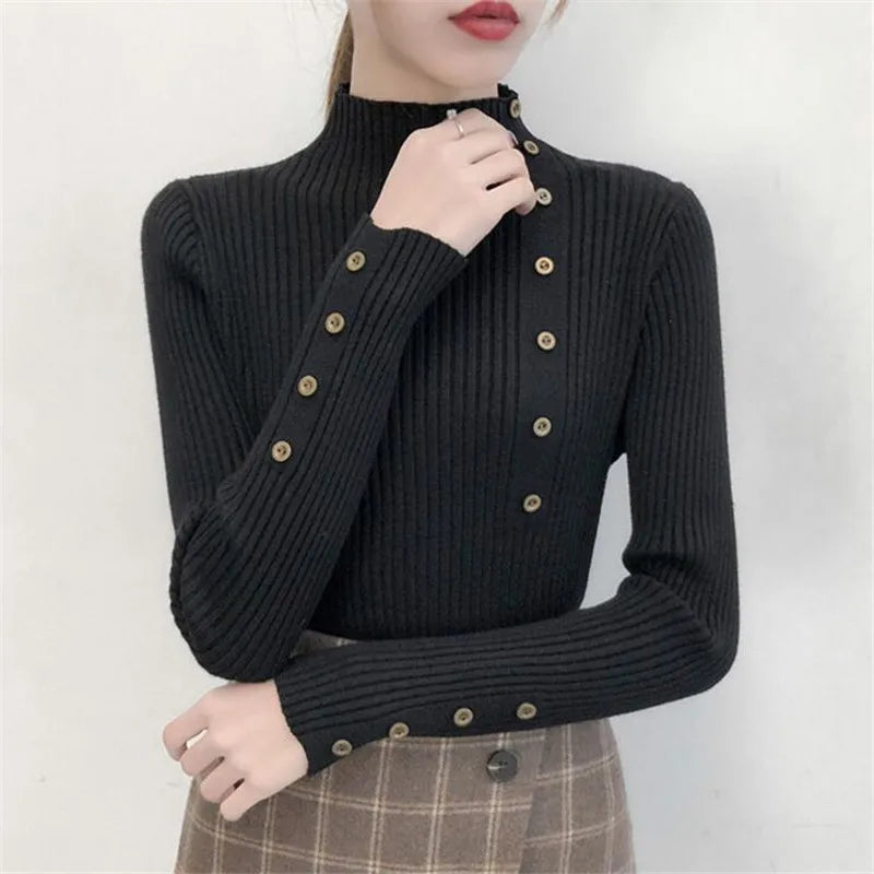 Female Cotton Soft Elastic Color Slim Pullovers Button Full Sleeve