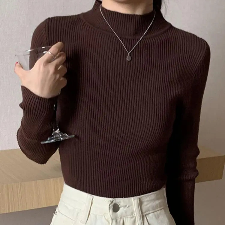 Women Sweater Vintage Basic Solid Knitted Tops Casual Slim Pullover
