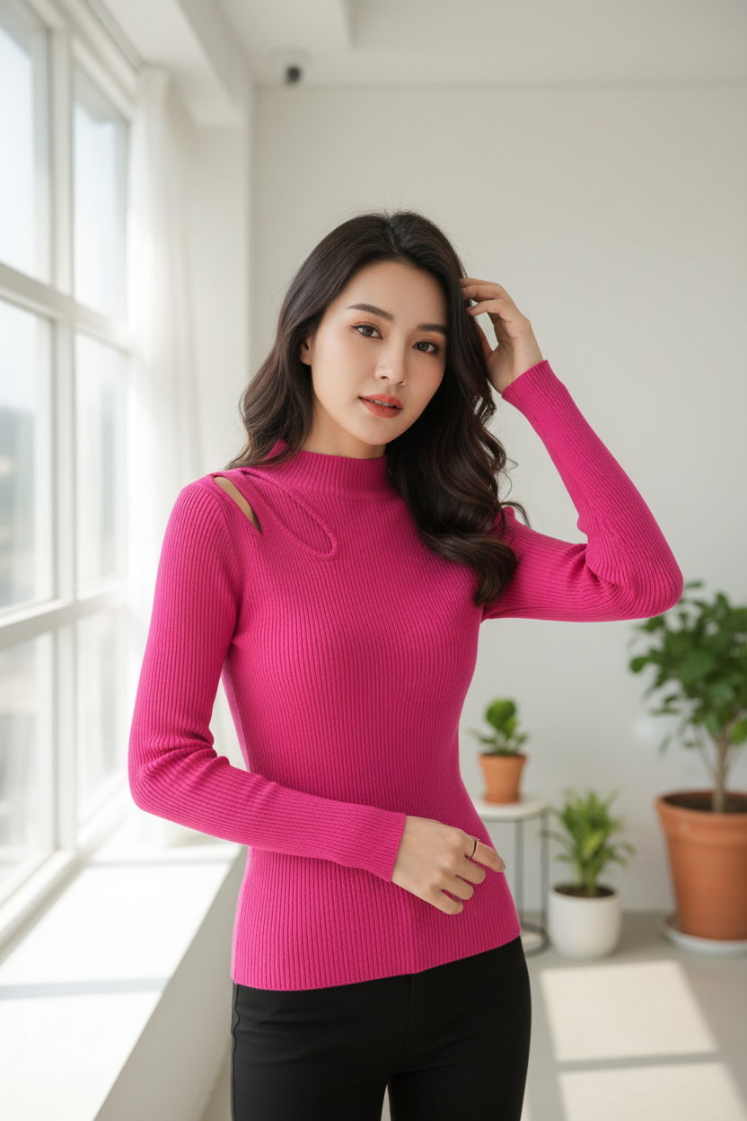 Hollow-out Turtleneck Knitted Women Sweater
