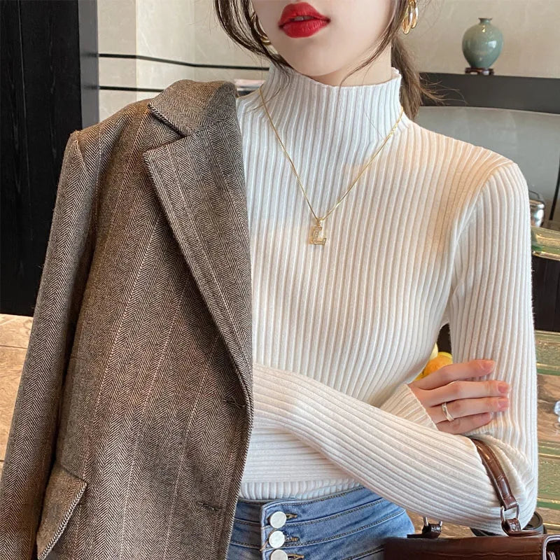 Long Sleeve Mock Neck Knitted Women Sweater