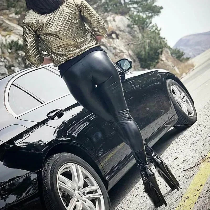 Black PU Leather Tights Women High Waist Pant