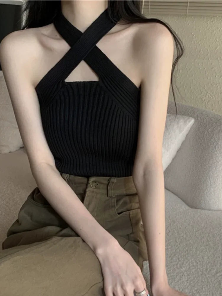 Shoulder Bared Black Tank Top Women's Inner Wear Outer Wear Cross Neck Strap Design Commute Style Summer