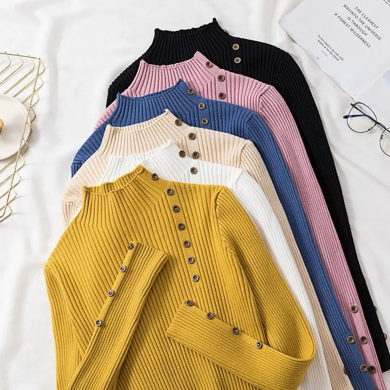 Female Cotton Soft Elastic Color Slim Pullovers Button Full Sleeve