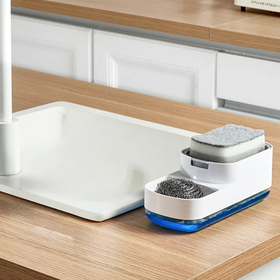 Kitchen dishwashing soap dispenser with sponge holder