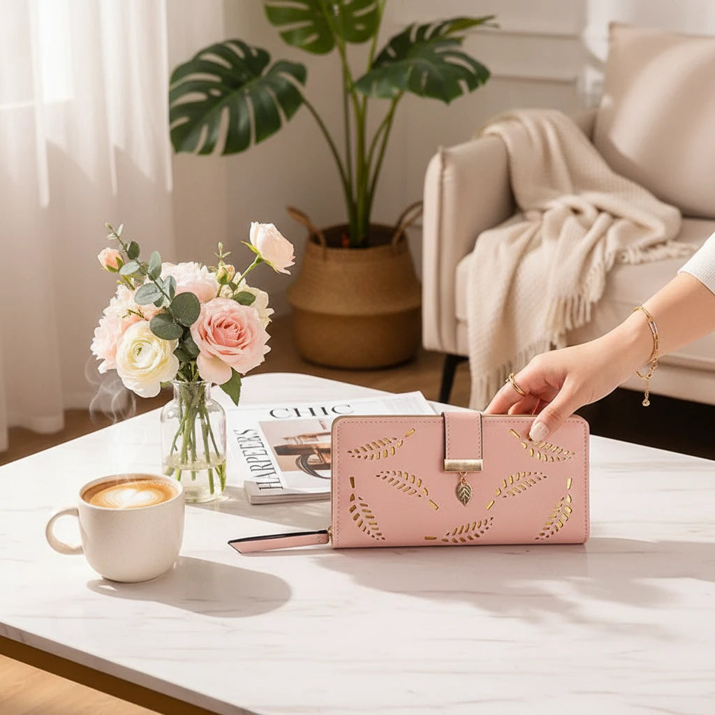 Elegant Women's Wallet With Hollowed-Out Leaf Design