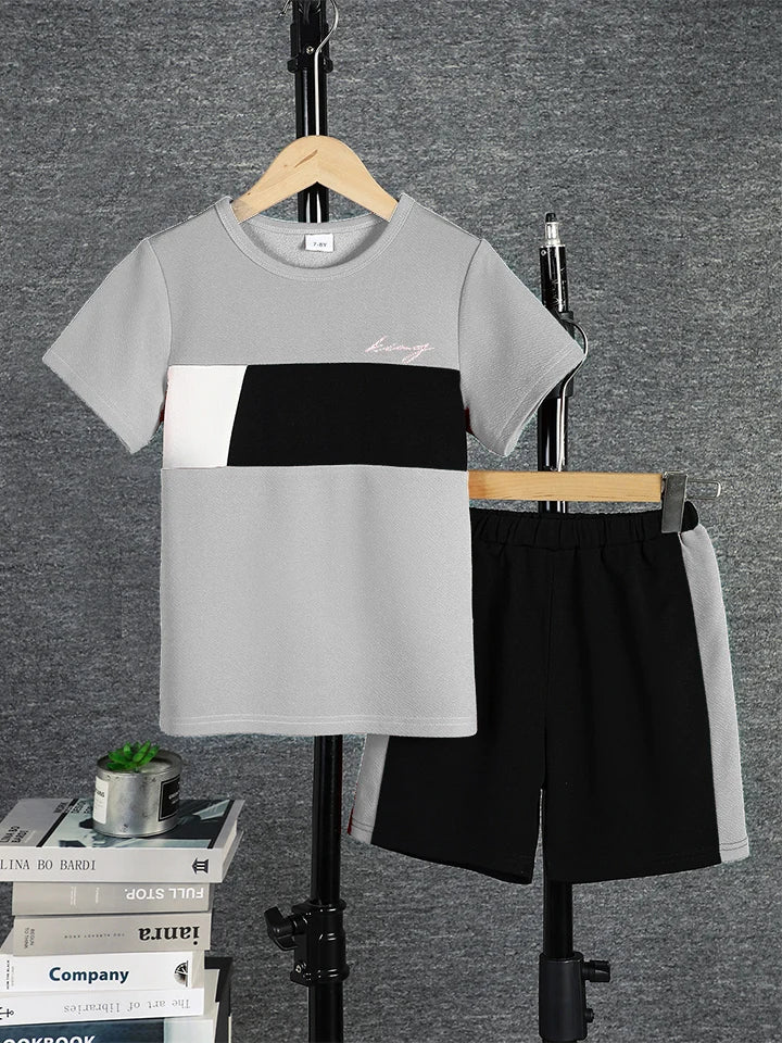 2pcs Boys Casual Colorblock Short Sleeve T-shirt & Shorts Set