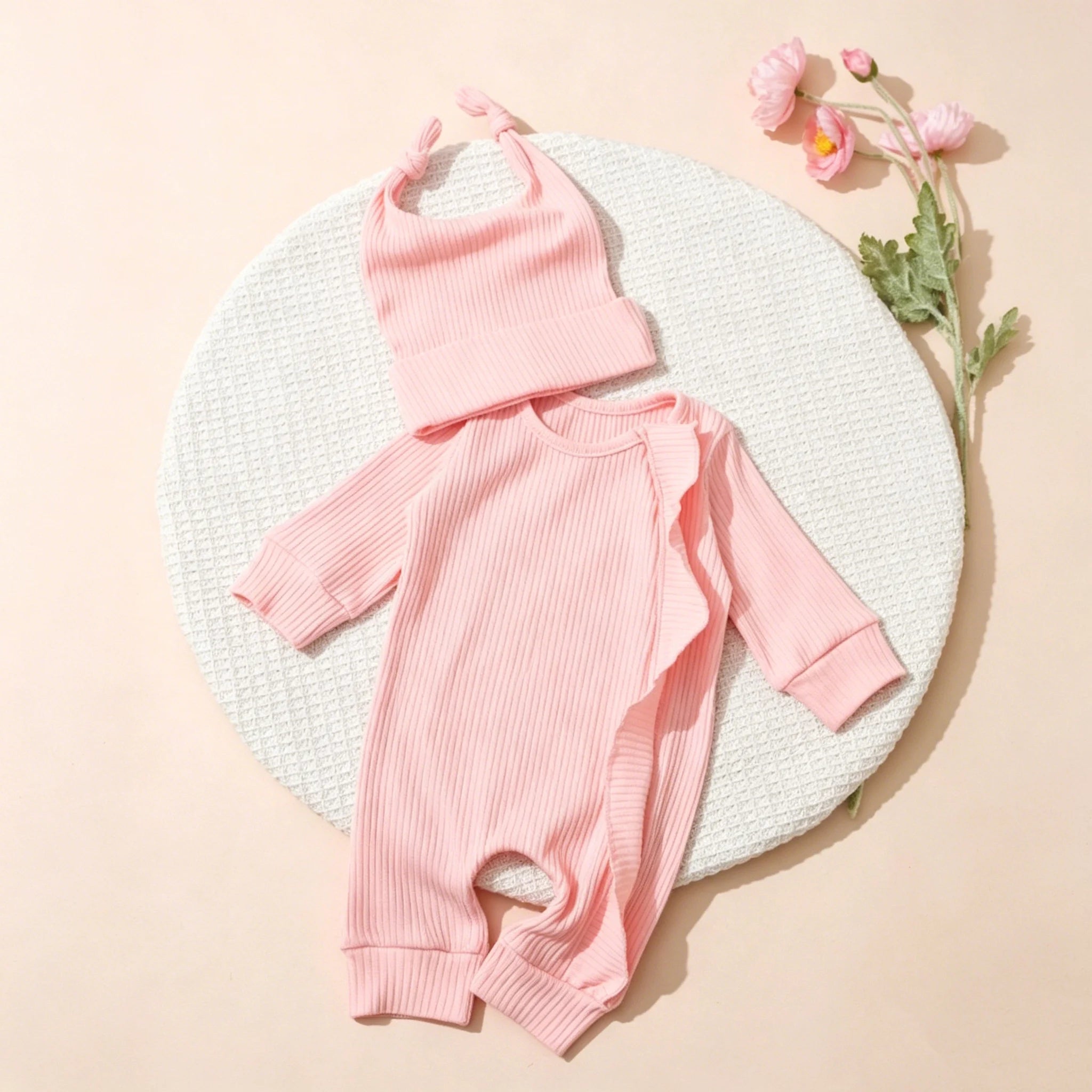 Newborn Clothes Ribbed Romper Bunny Ear Hat Set Infant Zipper Closure Long Sleeve