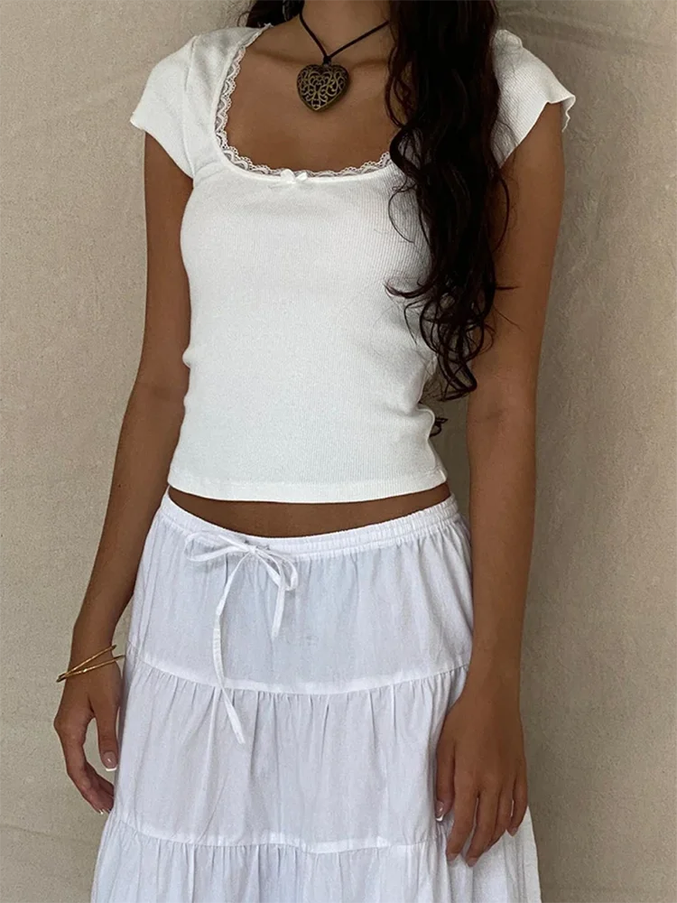 y2k Vintage Baby Tee Cottage Lace Trim Knitted T-Shirt