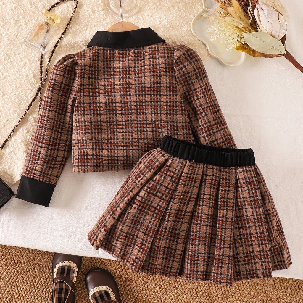 Girls Fashion Plaids Long Sleeve Coat Pleated Short Skirt Two Sets