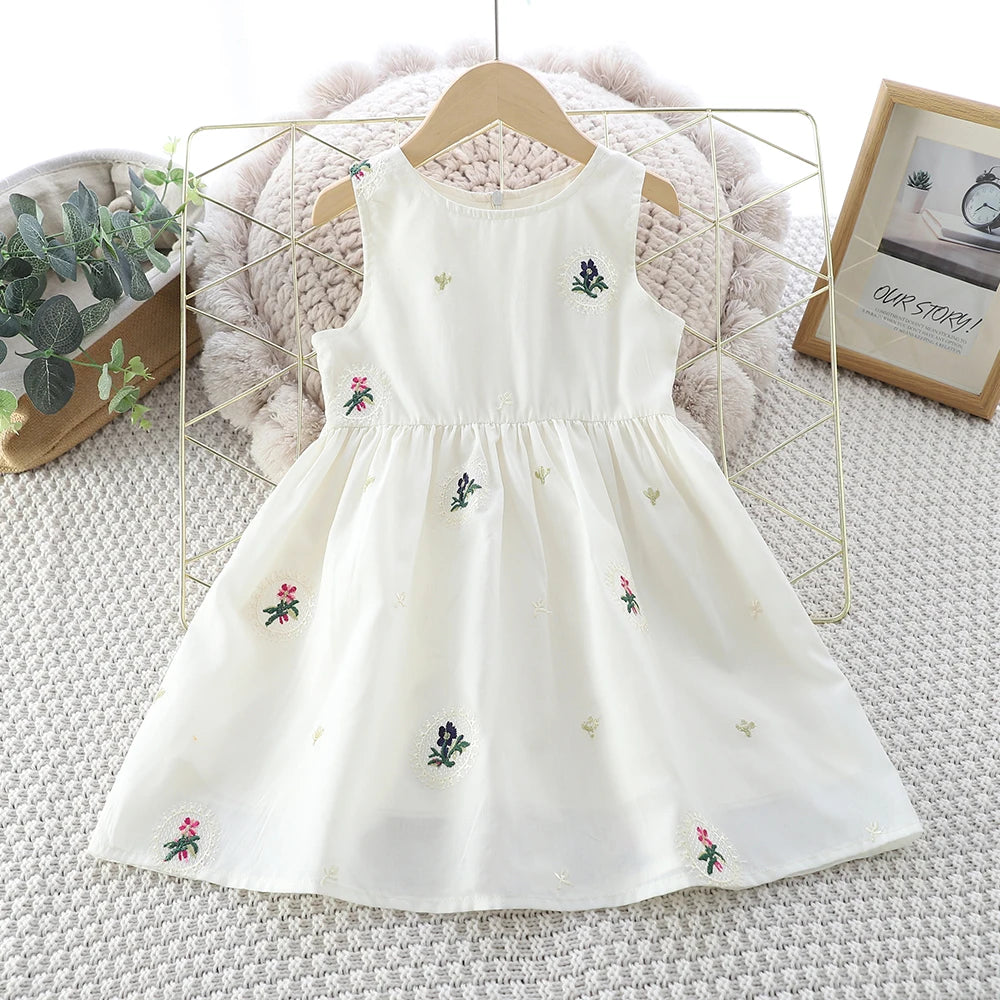 Casual Dress Girls' Clothing Refreshing Embroidered Vest Dress for 2-6Y