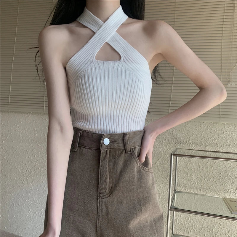 Shoulder Bared Black Tank Top Women's Inner Wear Outer Wear Cross Neck Strap Design Commute Style Summer