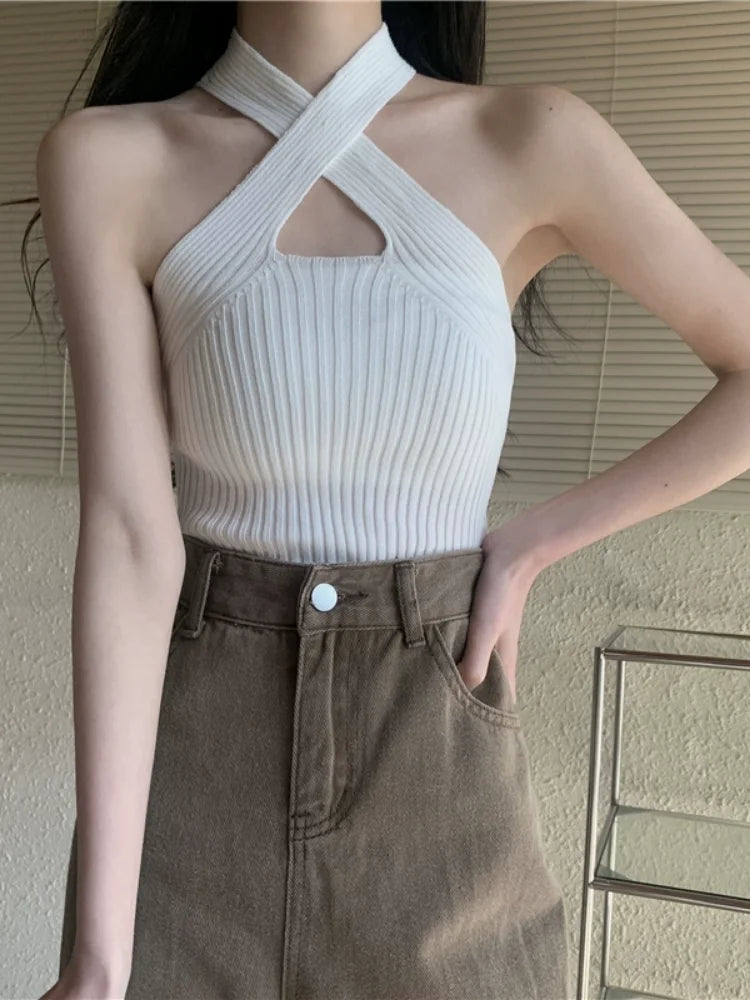Shoulder Bared Black Tank Top Women's Inner Wear Outer Wear Cross Neck Strap Design Commute Style Summer