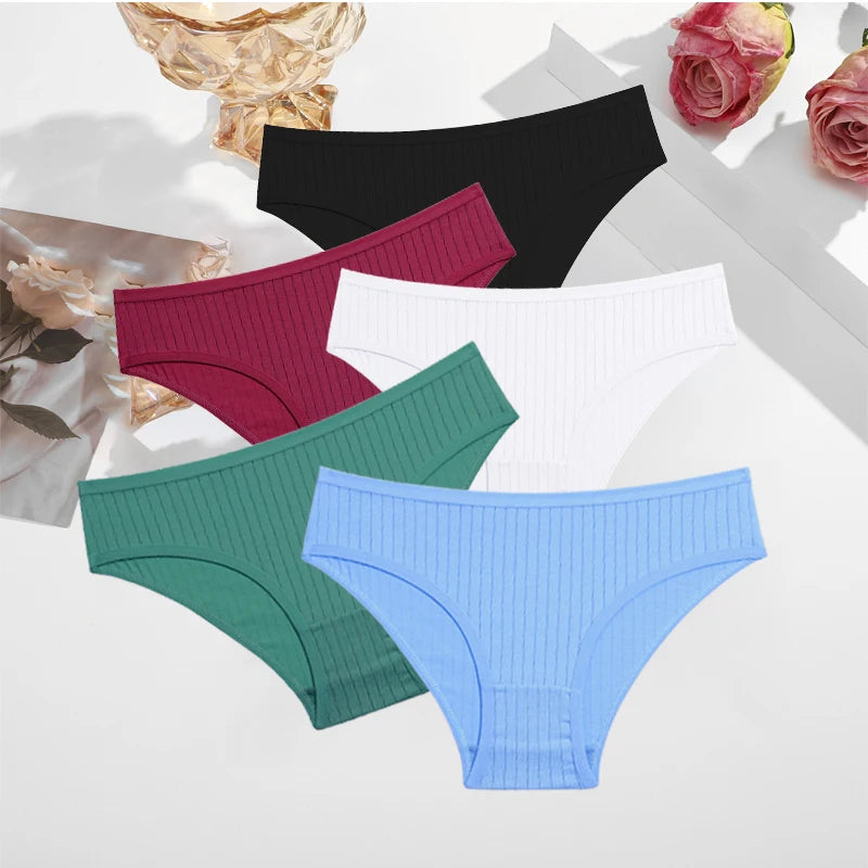 FINETOO 5PCS/SET Cotton Ribbed Striped Underwear