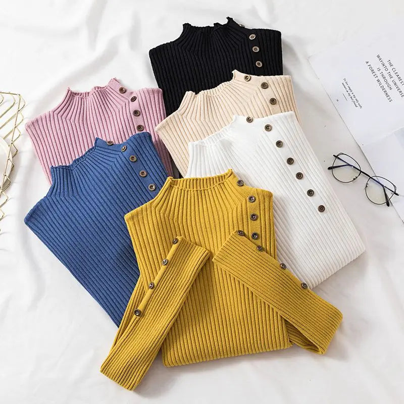 Female Cotton Soft Elastic Color Slim Pullovers Button Full Sleeve