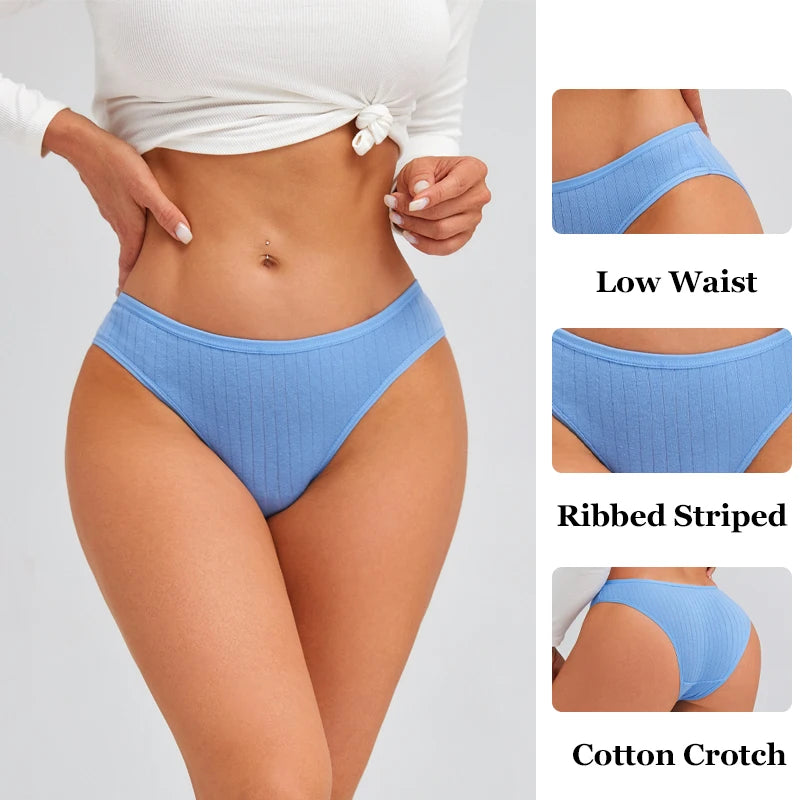 FINETOO 5PCS/SET Cotton Ribbed Striped Underwear