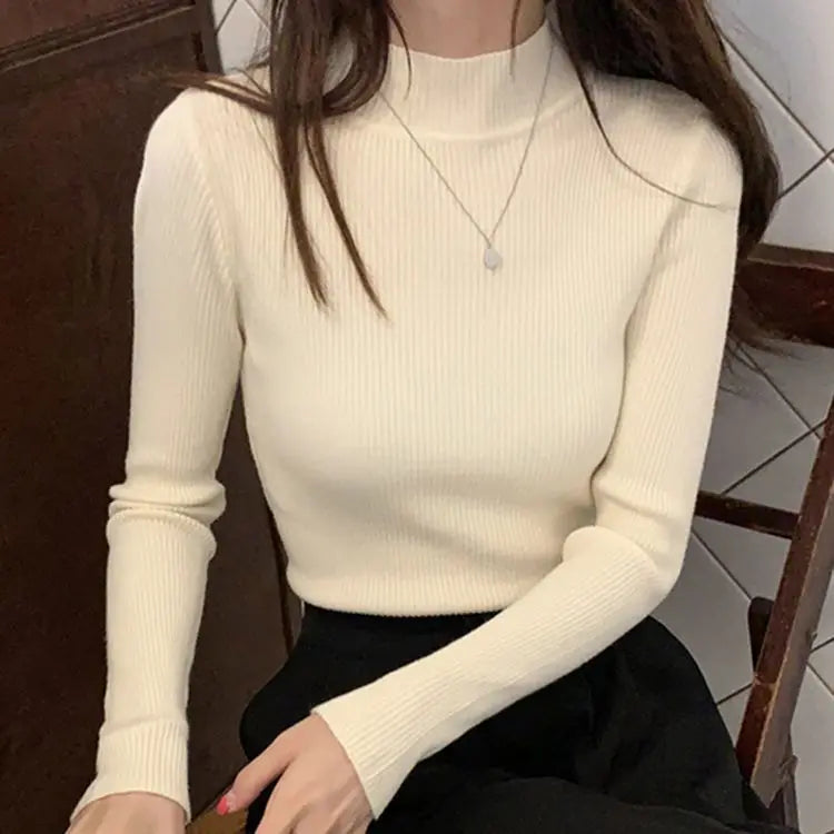 Women Sweater Vintage Basic Solid Knitted Tops Casual Slim Pullover