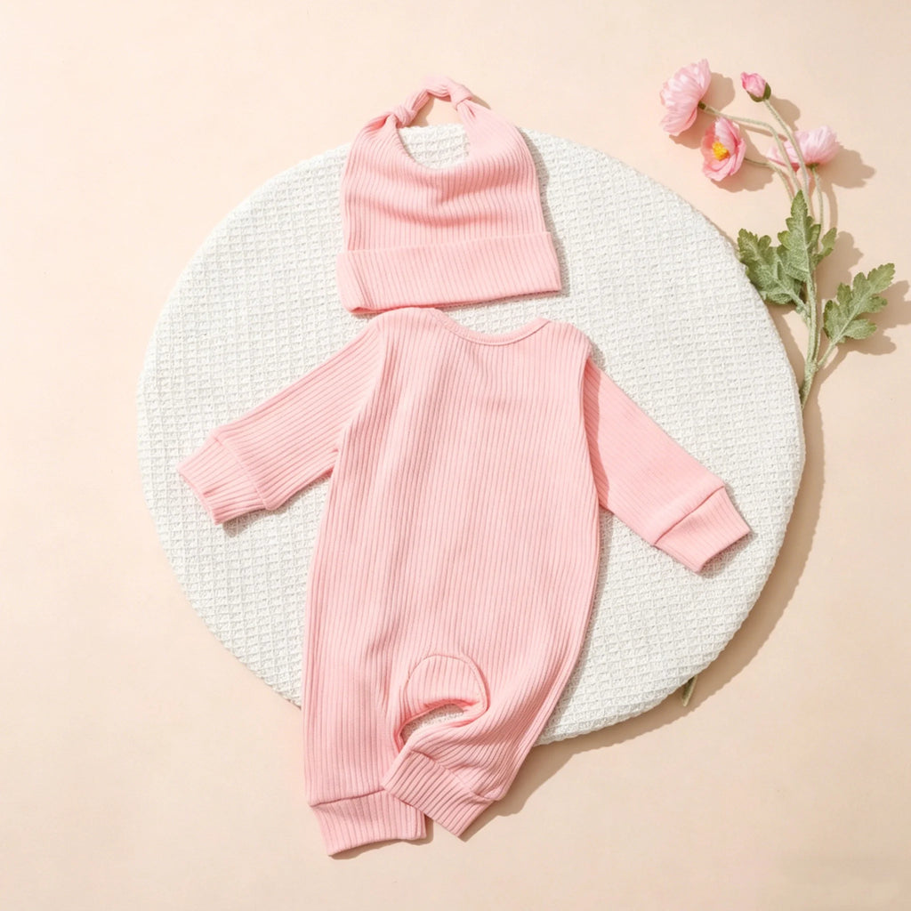 Newborn Clothes Ribbed Romper Bunny Ear Hat Set Infant Zipper Closure Long Sleeve
