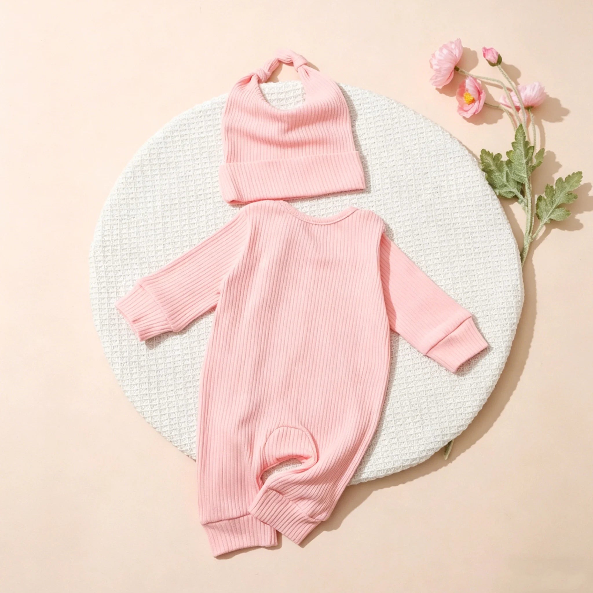 Newborn Clothes Ribbed Romper Bunny Ear Hat Set Infant Zipper Closure Long Sleeve