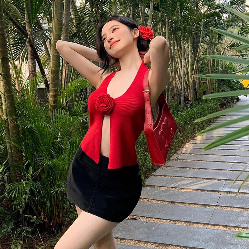 Summer Sweet Knitted Camisole Women's V-neck Backless Slim