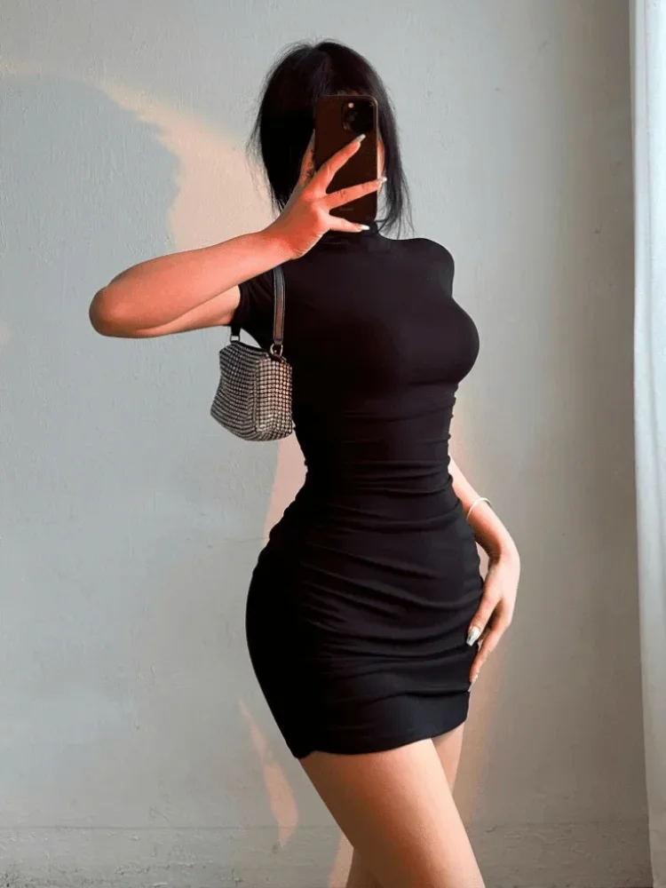 Tight Half High Collar Pleated Waist Mini Dress