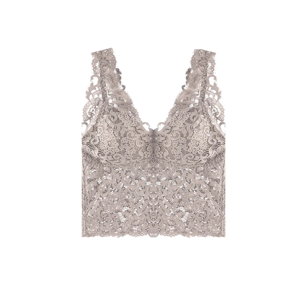 Deep V Lace Vest With Breast PadsEmbroidery Floral Tank Top Wrapped Chest Camisole Padded Crop Tank Top For Women