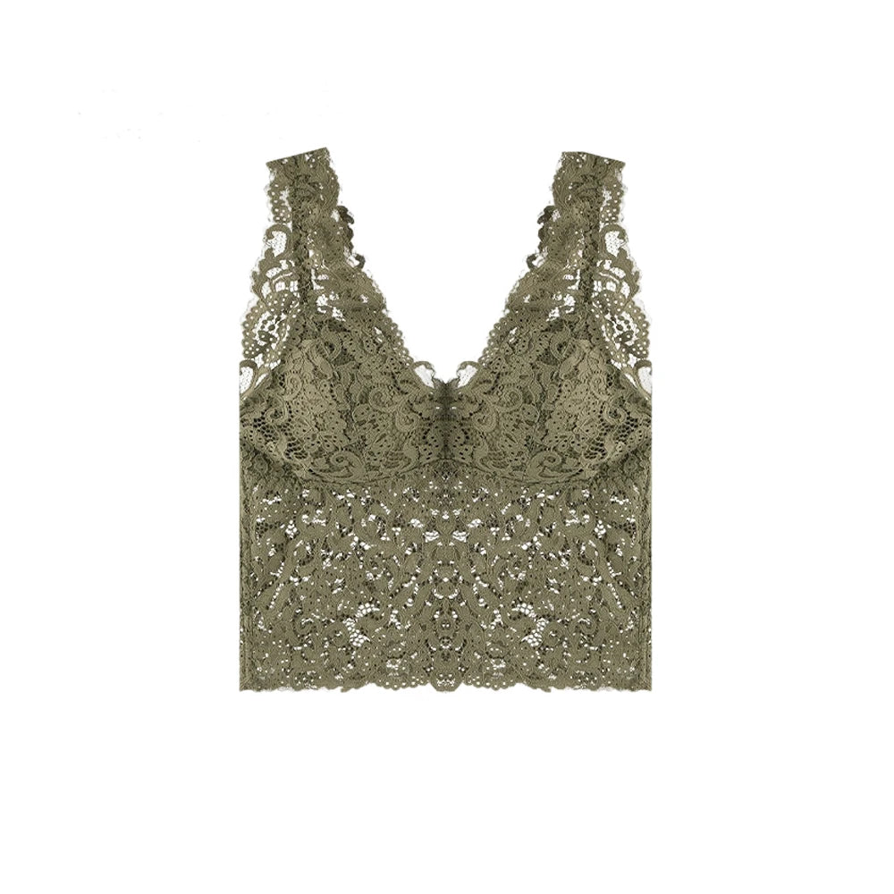 Deep V Lace Vest With Breast PadsEmbroidery Floral Tank Top Wrapped Chest Camisole Padded Crop Tank Top For Women