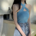 Shoulder Bared Black Tank Top Women's Inner Wear Outer Wear Cross Neck Strap Design Commute Style Summer