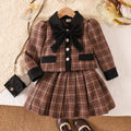 Girls Fashion Plaids Long Sleeve Coat Pleated Short Skirt Two Sets