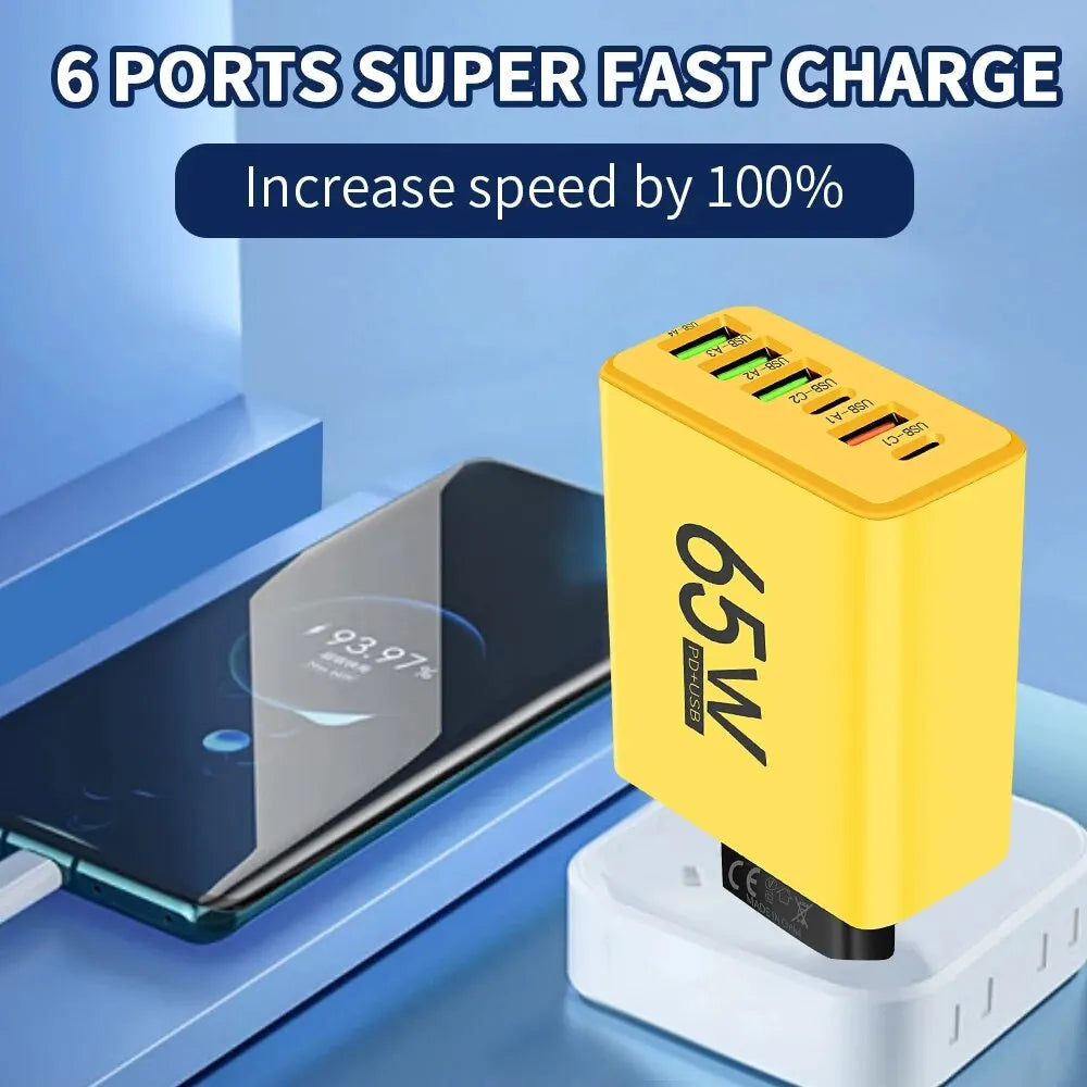 65W USB 6 Ports Type C Quick Charger
