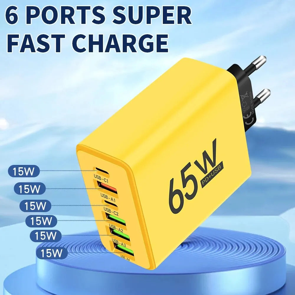 65W USB 6 Ports Type C Quick Charger