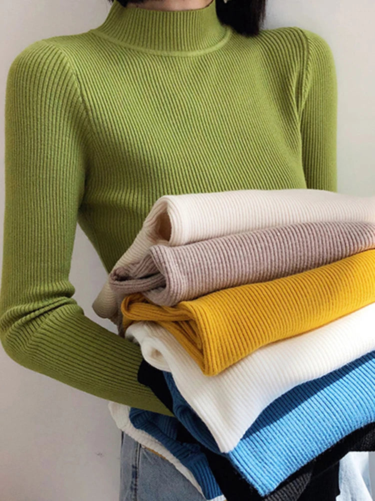 Women Sweater Vintage Basic Solid Knitted Tops Casual Slim Pullover