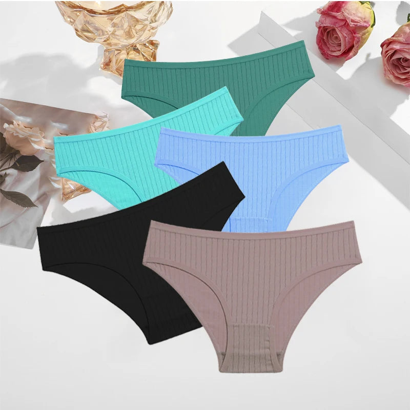 FINETOO 5PCS/SET Cotton Ribbed Striped Underwear
