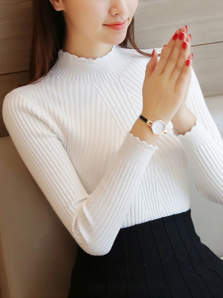 2026 Autumn Women Mock Neck Ruffles Sweater