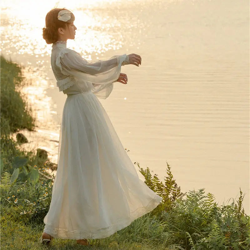 Vintage Cottage Chiffon Dress Fairy Woman Chic Romantic Princess Dresses