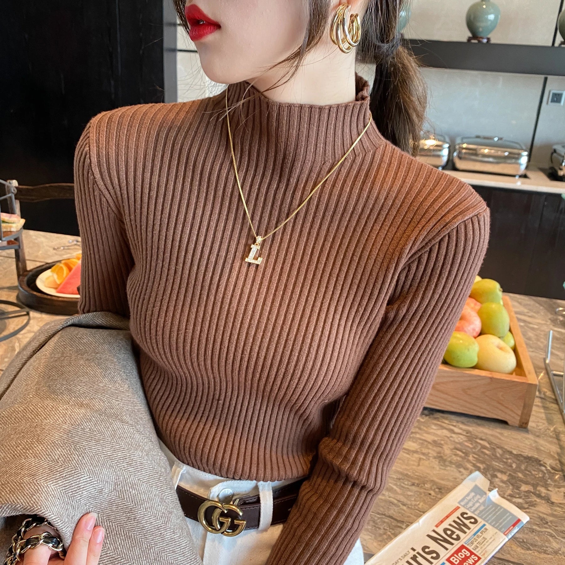 Long Sleeve Mock Neck Knitted Women Sweater