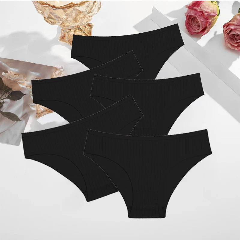FINETOO 5PCS/SET Cotton Ribbed Striped Underwear