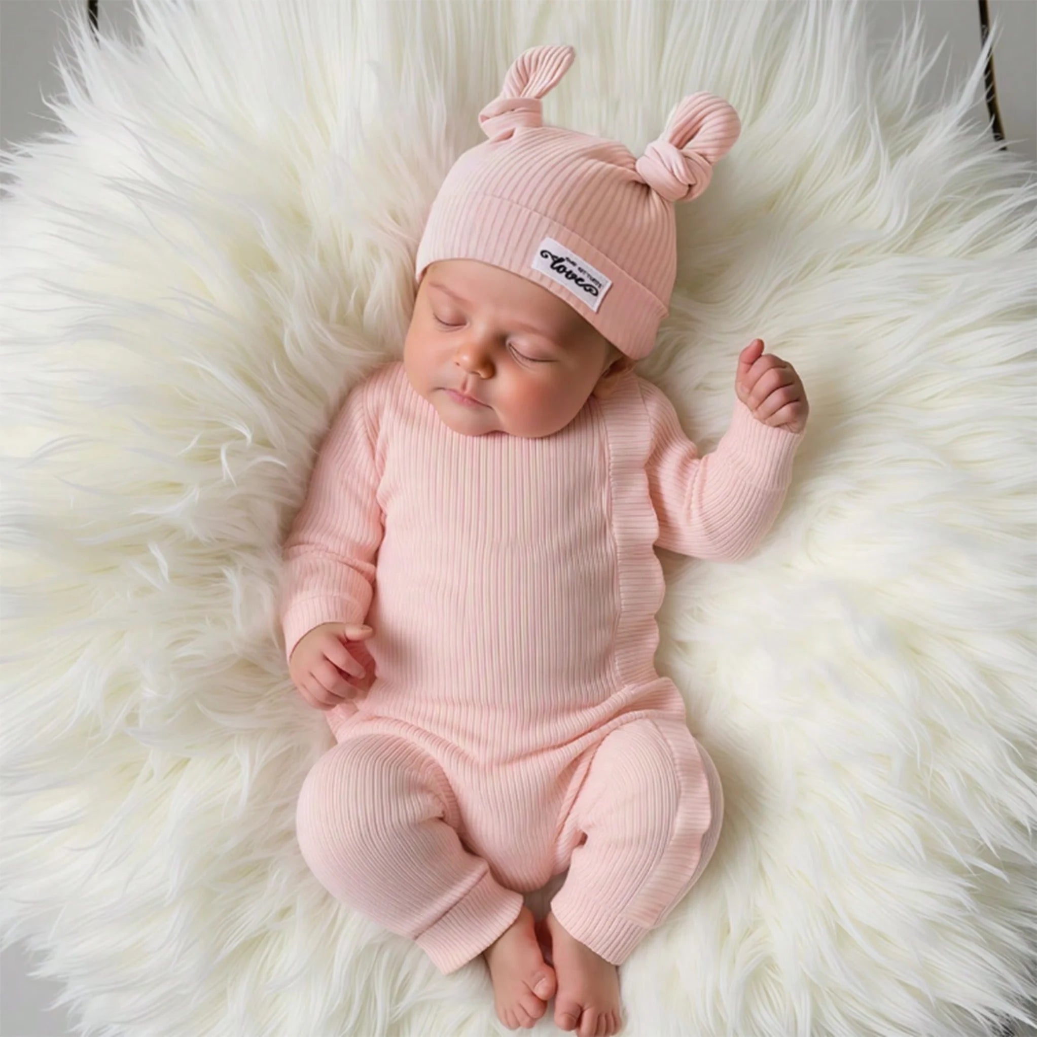 Newborn Clothes Ribbed Romper Bunny Ear Hat Set Infant Zipper Closure Long Sleeve