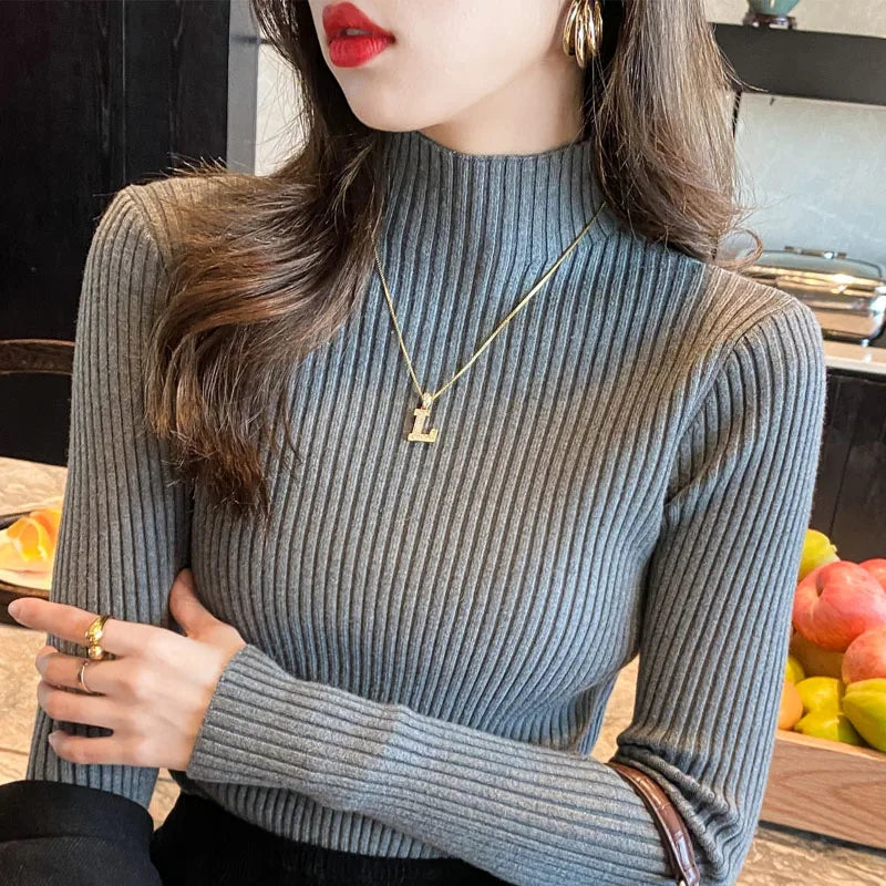 Long Sleeve Mock Neck Knitted Women Sweater
