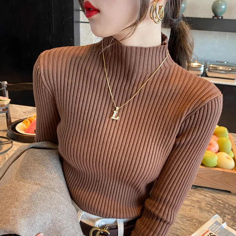 Long Sleeve Mock Neck Knitted Women Sweater