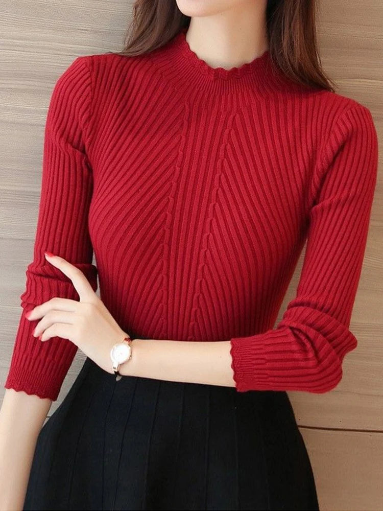 2026 Autumn Women Mock Neck Ruffles Sweater