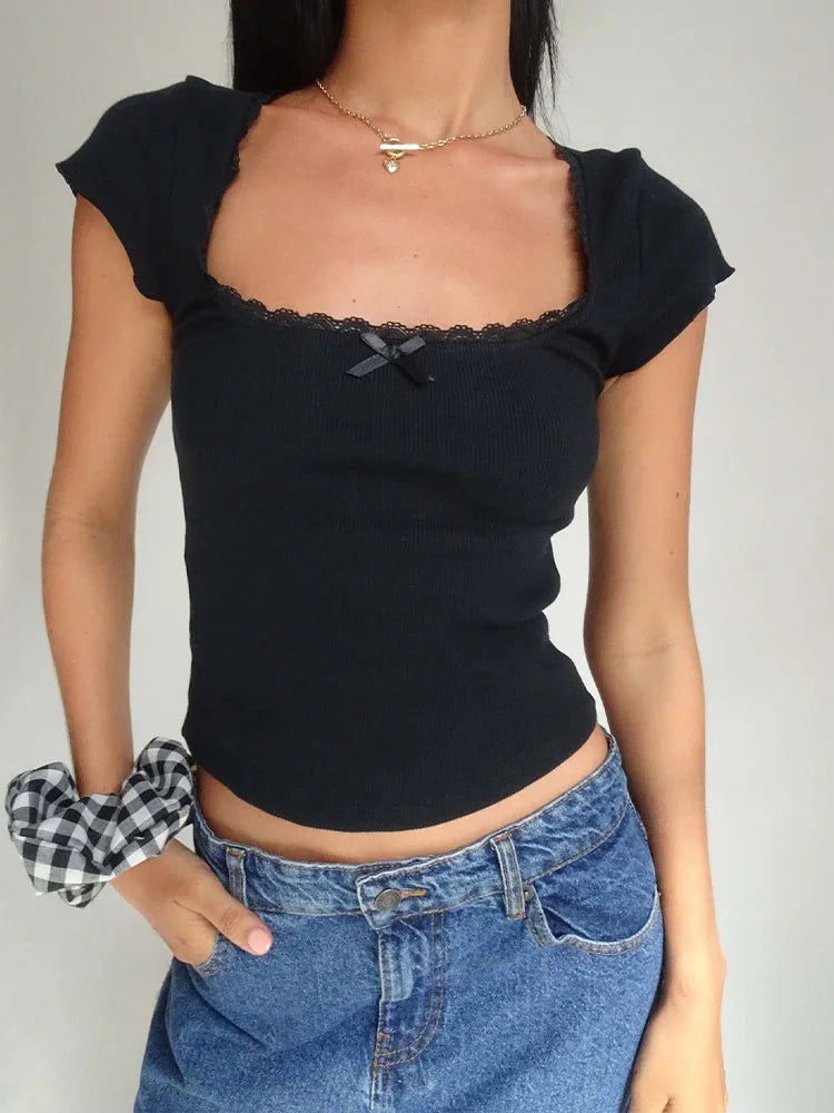 y2k Vintage Baby Tee Cottage Lace Trim Knitted T-Shirt