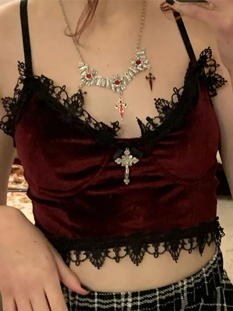 Velvet Mall Goth Crop Tops Black Lace